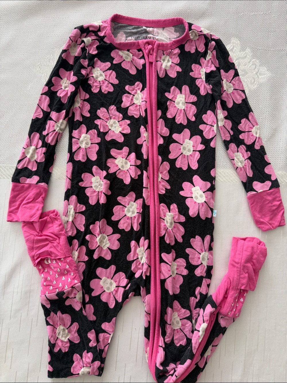Posh Peanut Black & Pink Floral Footed One-Piece